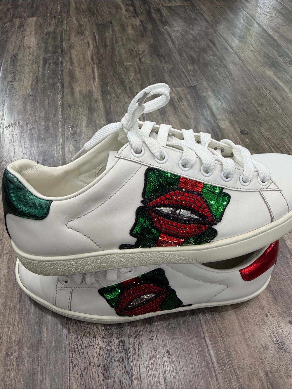 Gucci White Leather Sneakers with Red & Green Sequin Lip Detail